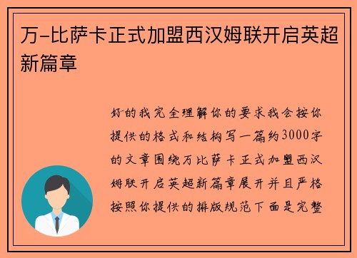 万-比萨卡正式加盟西汉姆联开启英超新篇章